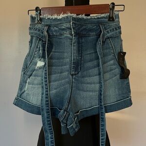 bebe Frayed Hem Jean Shorts in Blue